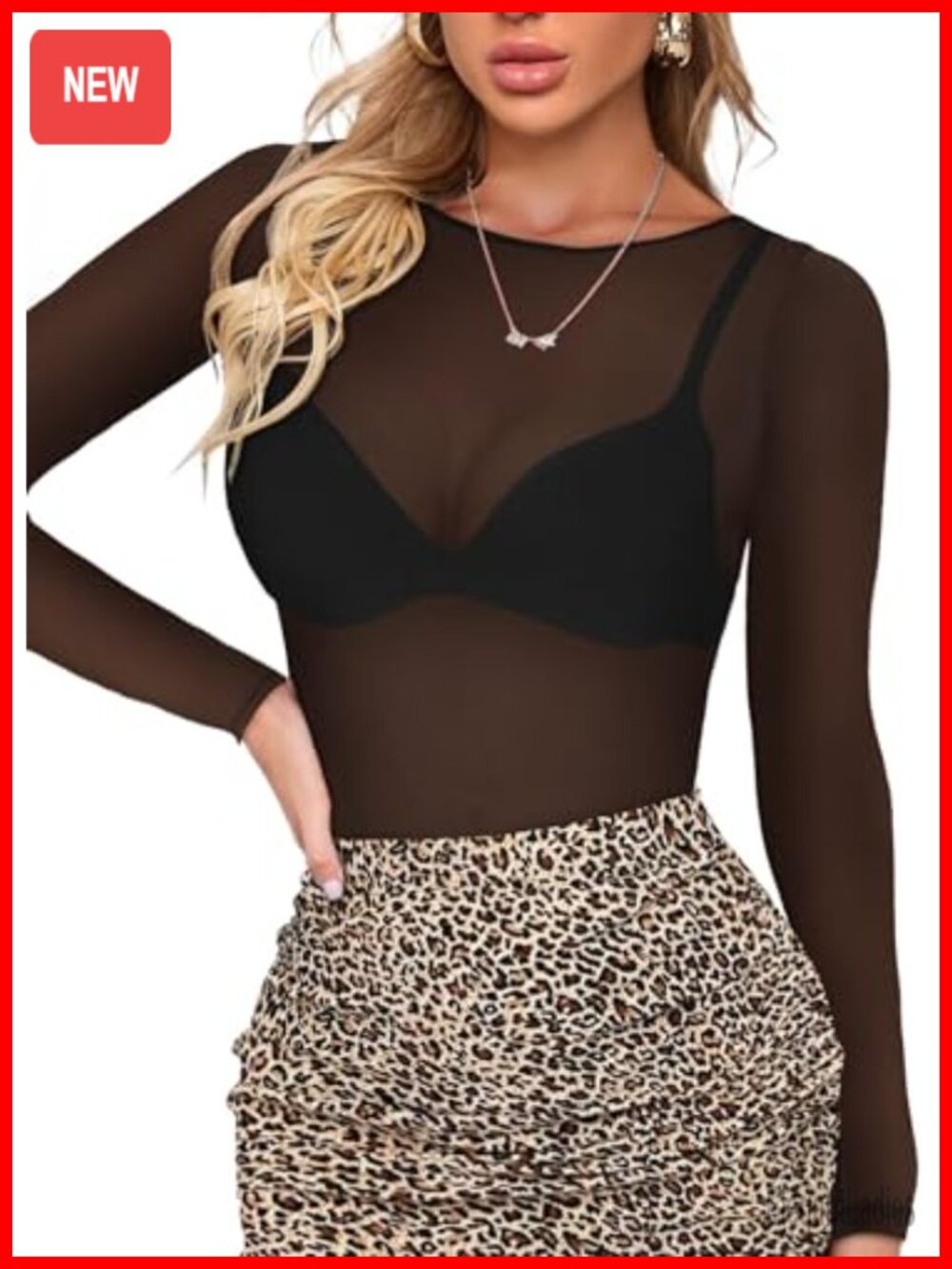 Women's Sheer Mesh Long Sleeve Bodycon See Through Blouse Top